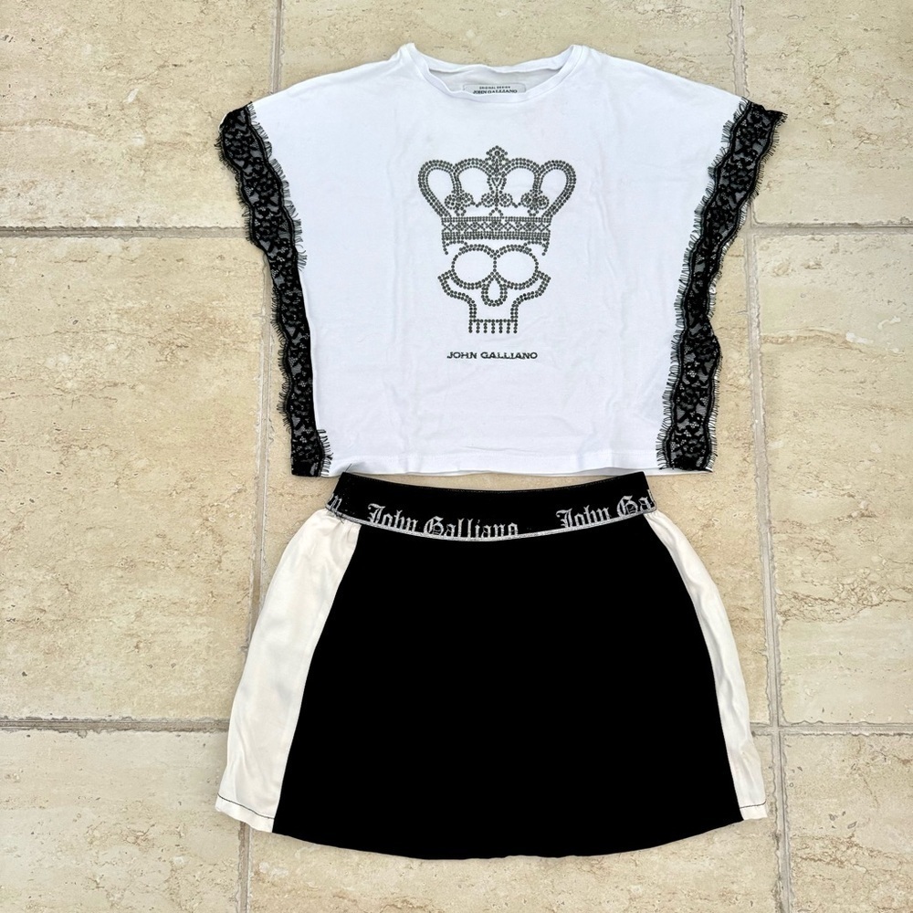 John Galliano Kids Set Top with Skirt, White and Black, Size 8